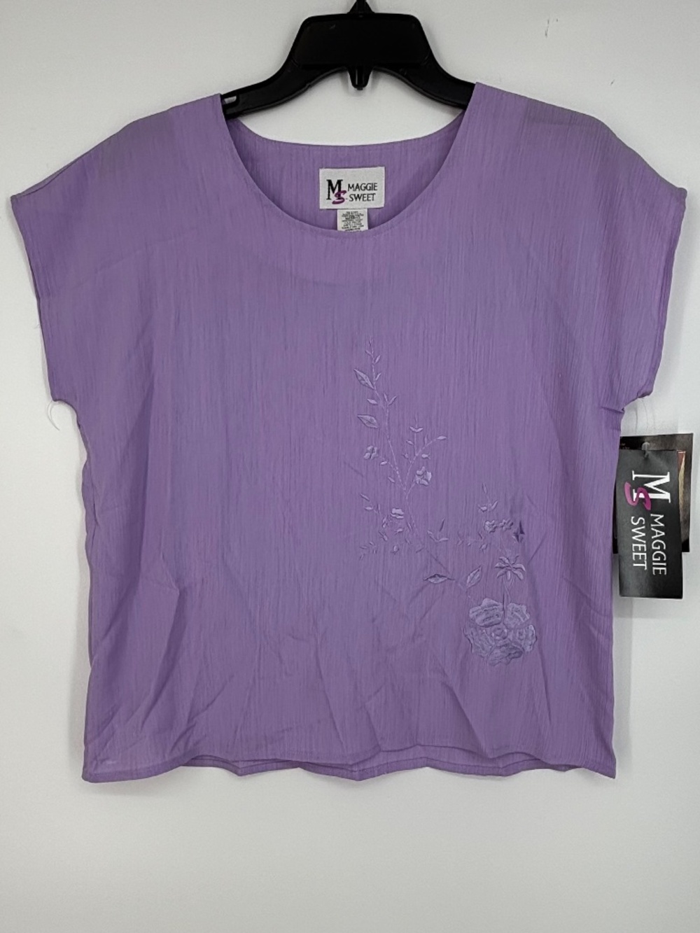 Maggie Sweet Womens Small Pullover Blouse Purple Floral Embroidery Cap Sleeves